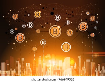 Bitcoins Crypto Currency Over Modern City Background Digital Web Money Technology Vector Illustration