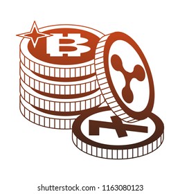 Bitcoins and cryptocurrency stacked red lines