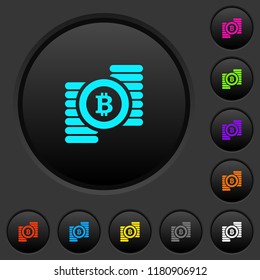 Bitcoins dark push buttons with vivid color icons on dark grey background