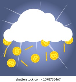 Bitcoins drop out of the cloud, gold coins of bitcoin on a blue background. Flat design, vector illustration, vector.