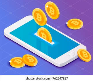 Bitcoins drop in smartphone. 