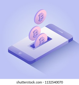 Bitcoins droping into slot at the mobile phone screen concept. Crypto mining. 3d isometric vector illustration