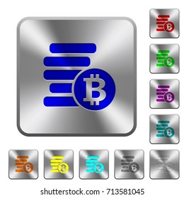 Bitcoins engraved icons on rounded square glossy steel buttons