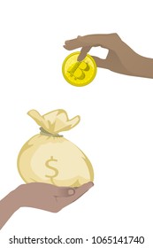Bitcoins exchange concept. bag with dollar money. vector illustration