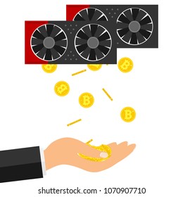 Bitcoins fall into the hand. The hand catches bitcoins from the video card. The concept of earning bitcoins. Flat design, vector illustration, vector.