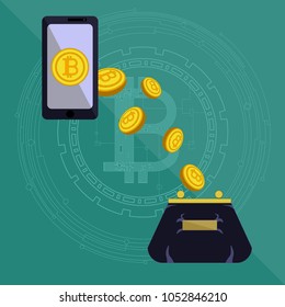 Bitcoins fall into the purse at the expense of the owner, interaction through the Internet and a smartphone. Global system of crypto-currency transactions. Vector trend picture for background 