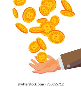 Bitcoins Falling To Business Hand Vector. Flat, Cartoon Gold Coins Illustration. Cryptography Finance Coin Design. Fintech Blockchain. Currency Isolated