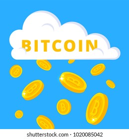Bitcoins falling from cloud. Simple way of earning of bitcoins concept. Flat design vector banner