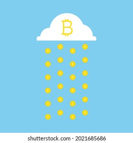 Bitcoins falling from cloud. Simple way of earning of bitcoins concept. bitcoin rain cloud. flat design vector illustration.