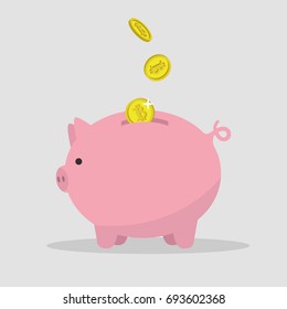 Bitcoins falling down in a piggy bank / flat editable vector illustration, clip art