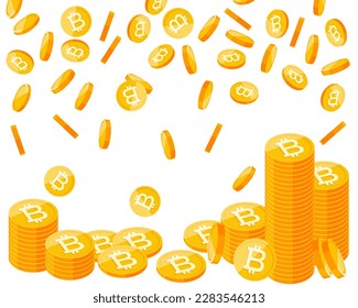 Bitcoins are falling, stack of coins. Golden money falling from top to bottom, big pile of money, concept of cryptocurrency, jackpot, win. Flat modern vector illustration isolated on white background.