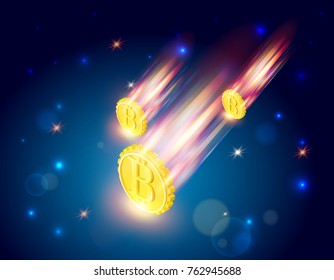 Bitcoins falls, 3d isometric vector illustration with cryptocurrency symbol falling from space like a comet, light splashes, stars, beautiful concept of financial failure