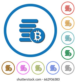 Bitcoins flat color vector icons with shadows in round outlines on white background