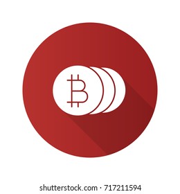 Bitcoins flat design long shadow glyph icon. Cryptocurrency. Vector silhouette illustration