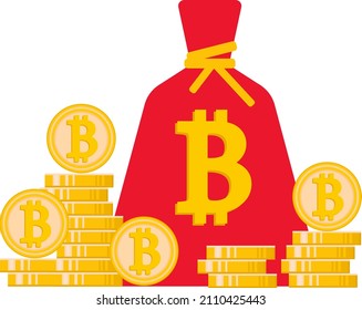 Los bitcoines están doblados y envasados en una bolsa roja. Una montaña de bitcoines, monedas. Criptodivisa.