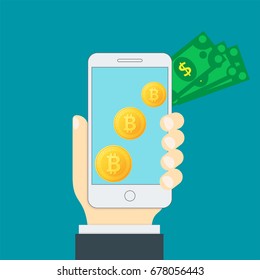Bitcoins icon of golden color on the screen of a mobile phone. The hand holds the smartphone. The concept of exchanging crypto currency for dollars. Vector illustration.