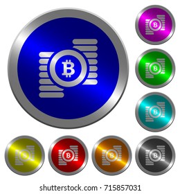 Bitcoins icons on round luminous coin-like color steel buttons