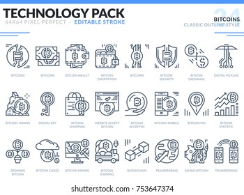 Bitcoins Icons Set. Editable Stroke. Technology outline icons pack. Pixel perfect thin line vector icons for web design and website application.