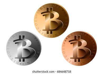 Bitcoins isolated-gold, silver and bronze