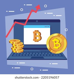 bitcoins in laptop with arrow