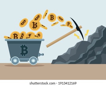 bitcoins in mine wagon and pick in rock icons vector illustration design