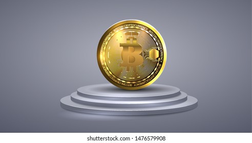 Bitcoins money Virtual currency concept background. Golden bitcoin coin blockchain technology for crypto currency. Vector