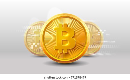 Bitcoins money Virtual currency concept background. Golden bitcoin coin blockchain technology for crypto currency. Digital money currency. Vector stock illustration. EPS 10 svg
