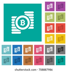 Bitcoins multi colored flat icons on plain square backgrounds. Included white and darker icon variations for hover or active effects.