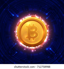 Bitcoins and New Virtual money concept.Golden coin with icon letter B.Mining or blockchain technology for cryptocurrency.Vector illustration EPS 10 of Golden Bitcoin