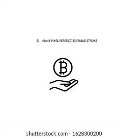 Bitcoins on hand, 
bitcoin payment hand simple line icon vector illustration. Editable stroke. 48x48 Pixel perfect.