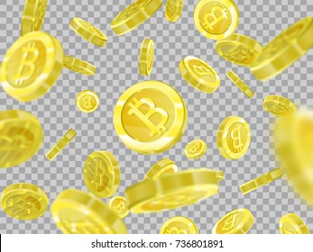 Bitcoins on a transparent background isolated, since the bitcoins are falling from the sky. Crypt currency of the future, mining, electronic payments.