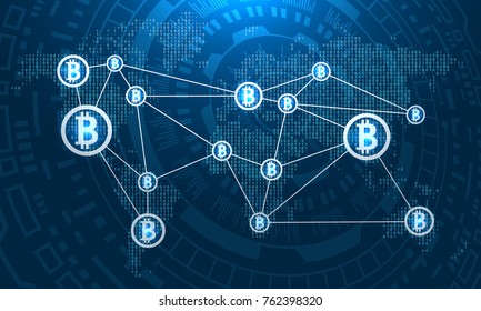 Bitcoins On World Map, BTC, Virtual Money Transfer - Illustration Vector