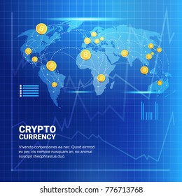 Bitcoins On World Map Modern Web Money Networking Technology Crypto Currency Concept Vector Illustration