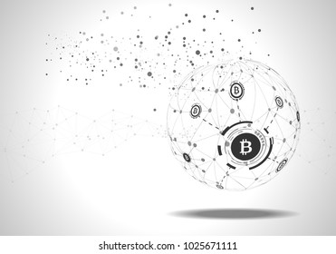Bitcoins on world map point, line, composition, social network communications and business concept, vector illustration design.