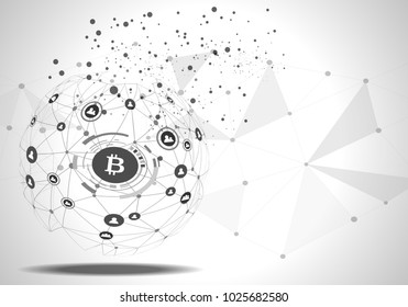 Bitcoins on world map point, line, composition, social network communications and business concept, vector illustration design.