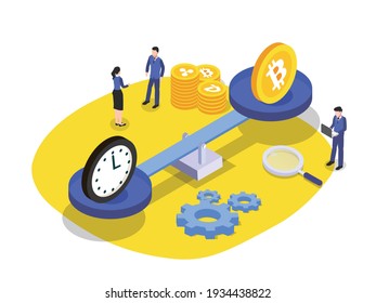 Bitcoins scale 3D isometric vector concept for banner, website, illustration, landing page, flyer, etc