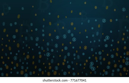Bitcoins security business background. Bitcoin crypto mining visualization. Business wallet background, security currency exchange, vector model. Crypto virtual payment finance. Gold money trading.