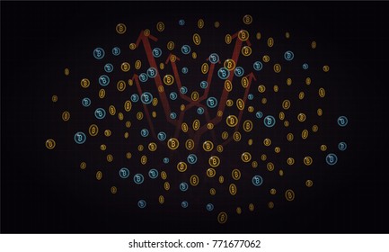 Bitcoins security business background. Bitcoin crypto mining visualization. Business wallet background, security currency exchange, vector model. Crypto virtual payment finance. Gold money trading
