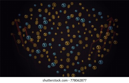 Bitcoins security business background. Bitcoin crypto mining visualization. Business wallet background, security currency exchange, vector model. Crypto virtual payment finance. Gold money trading.
