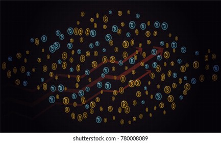 Bitcoins security business background. Bitcoin crypto mining visualization. Business wallet background, security currency exchange, vector model. Crypto virtual payment finance. Gold money trading.