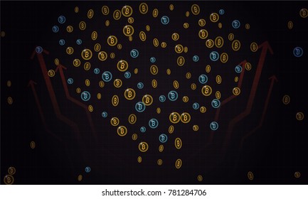 Bitcoins security business background. Bitcoin crypto mining visualization. Business wallet background, security currency exchange, vector model. Crypto virtual payment finance. Gold money trading.