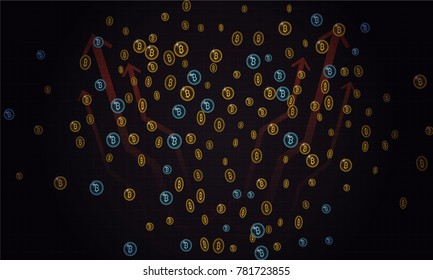 Bitcoins security business background. Bitcoin crypto mining visualization. Business wallet background, security currency exchange, vector model. Crypto virtual payment finance. Gold money trading.