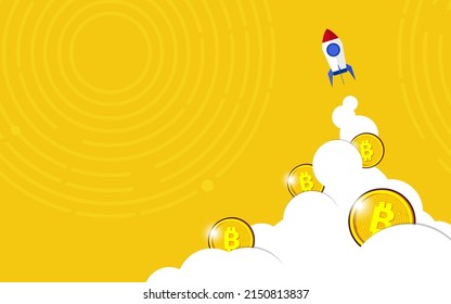 Bitcoins with skyrocket flying upwards to the yellow sky. Crypto currency price and value increase concept. eps10 Vector illustration website banner and poster template svg