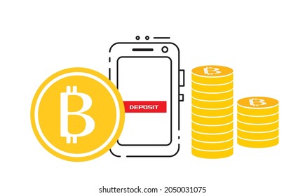 bitcoins and smartphone in flat design. with deposit sign illustration eps10