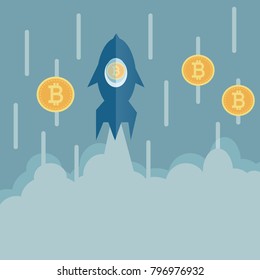 Bitcoins with speed concept on space or clouds computing background