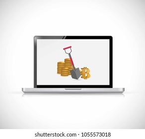 Bitcoins stack and miner's equipment on a laptop . Mining symbol. Money and finance. Digital currency. Virtual money, cryptocurrency and digital payment system. 