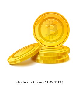 Ilustración vectorial de pila de Bitcoins. Dinero de oro en efectivo. Concepto de ingresos de ganancias de la financiación de la riqueza. Símbolo de criptomoneda. Ilustración vectorial de tecnología blockchain