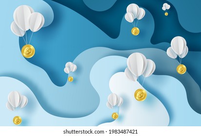 símbolo de bitcoines en el interior. Cartel de bitcoin colgando de blanco globo dorado amarillo. concepto de finanzas y idea de arte de papel. mercado financiero. Recorte de papel del dólar en la curva de forma abstracta de fondo azul.