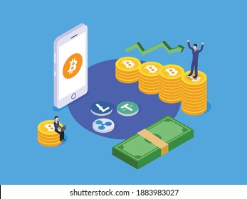 Bitcoins trading isometric 3d vector concept for banner, website, illustration, landing page, flyer, etc.