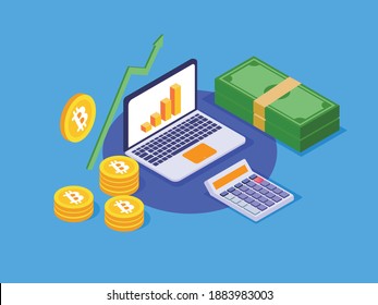 Bitcoins trading profit isometric 3d vector concept for banner, website, illustration, landing page, flyer, etc.